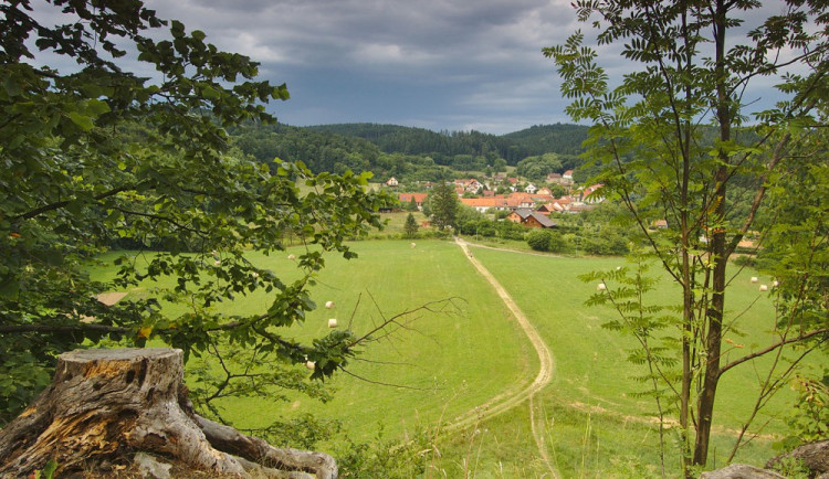 Pohled z lesů na obec Holštejn