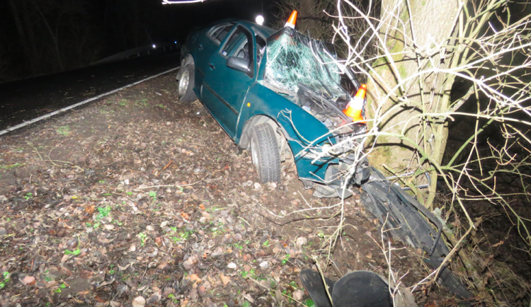 Řidič dostal na namrzlé silnici smyk a čelně narazil do stromu, dva lidé byli letecky transportováni do nemocnice