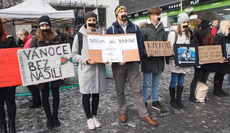 Na Masaryčce se aktivisté postaví do tiché uličky za kapry, nelíbí se jim zabíjení kvůli Vánocům