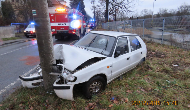 Kapr skočil za jízdy ženě do klína, skončila i s autem v betonovém sloupu