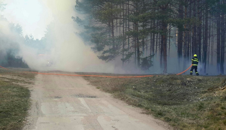 Odpoledne hořel les kolem železniční trati, požár hasilo sedmnáct hasičských jednotek