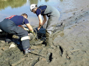 Muž zapadl až po prsa do bláta