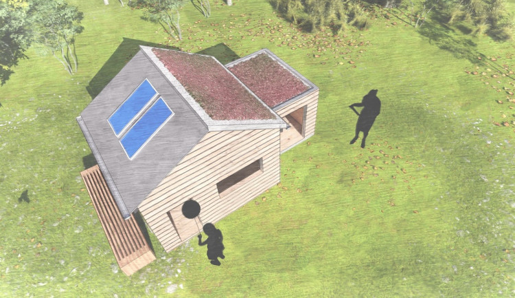 Vizualizace modelu domu se zelenou střechou