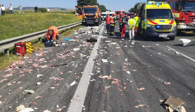 Nehoda kamionu uzavřela dálnici. Na asfaltu zůstalo vysypané převážené maso