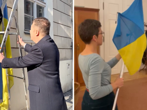 Okamura sundal vlajku Ukrajiny z budovy Sněmovny, Piráti, ODS i STAN už vyvěsili svoje