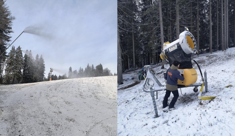 Sněžná děla už díky mrazu chrlí technický sníh na sjezdovkách šumavského Špičáku