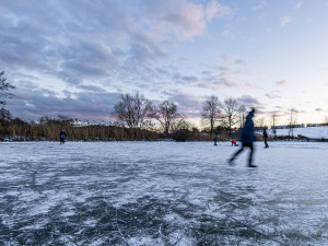 FOTO: Tenký led na Prýglu láká bruslaře. Vstup na hladinu ale zatím není bezpečný