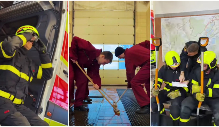 Skoky na lyžích i curling přímo ve zbrojnici. Hasiči svérázně fandí olympionikům