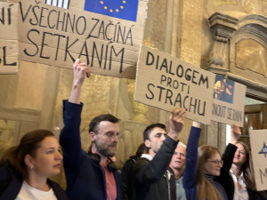 FOTO: Lidé na zastupitelstvu v Brně protestují proti sjezdu sudetských Němců