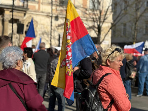 FOTO: Vlajky, hymna, SPD. V Brně se znovu protestovalo proti sudetoněmeckému sjezdu