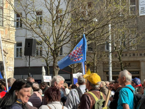 FOTO: Vlajky, hymna, SPD. V Brně se znovu protestovalo proti sudetoněmeckému sjezdu