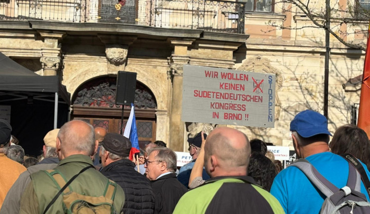 FOTO: Nebetyčná ostuda? V Brně protestovali proti sjezdu Sudeťáků, řečnil Okamura