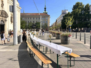 Brňané zasedli k jednomu dlouhému stolu. Přinesli domácí dobroty i veselou náladu