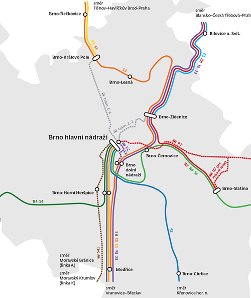 Mapa železničních uzlů v Brně