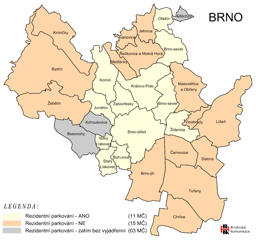 Městské části a rezdintní parkování, zdroj: www.brno.cz