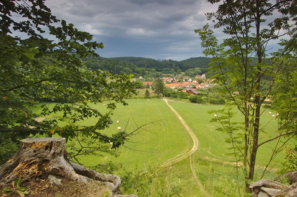 Pohled z lesů na obec Holštejn