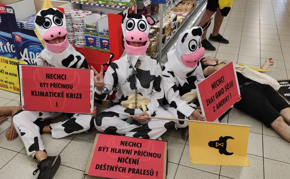 FOTO/VIDEO: Aktivisté v maskách zaplnili Vaňkovku. Chtěli upozornit na odlesňování pralesů kvůli živočišnému průmyslu