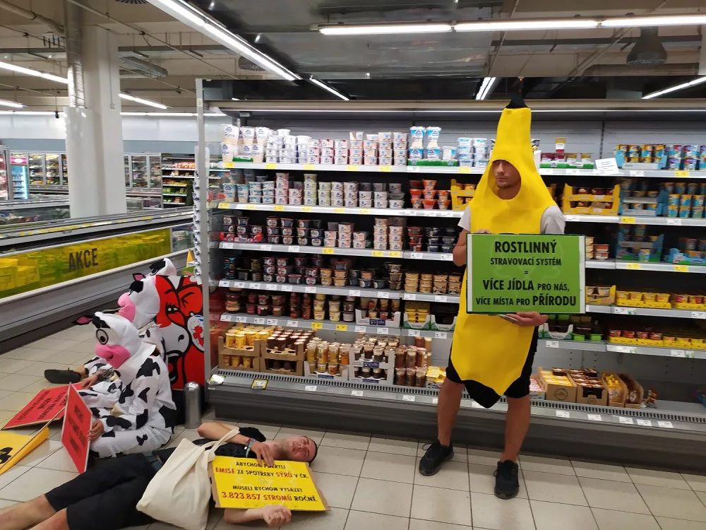 FOTO/VIDEO: Aktivisté v maskách zaplnili Vaňkovku. Chtěli upozornit na odlesňování pralesů kvůli živočišnému průmyslu