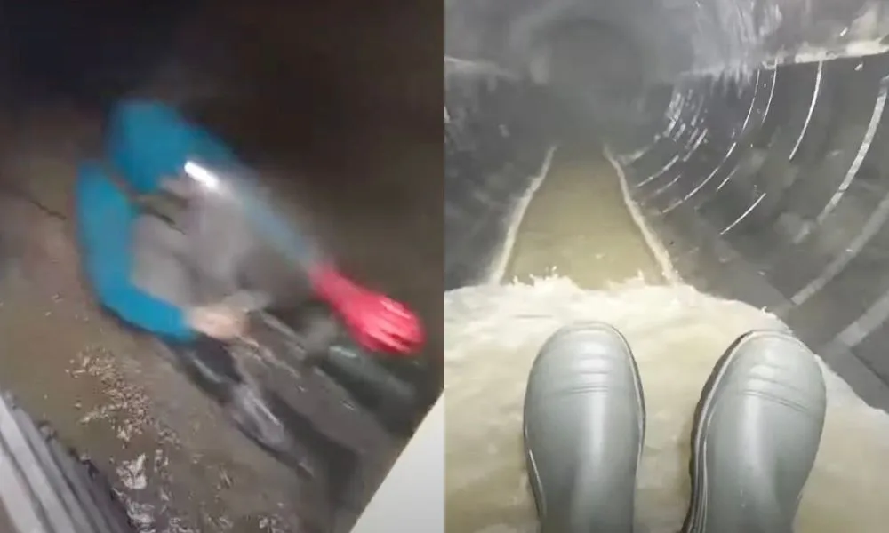 Brněnský tobogán. Muž nasadil rukavice a gumáky a natočil se, jak frčí kanálem jako na skluzavce