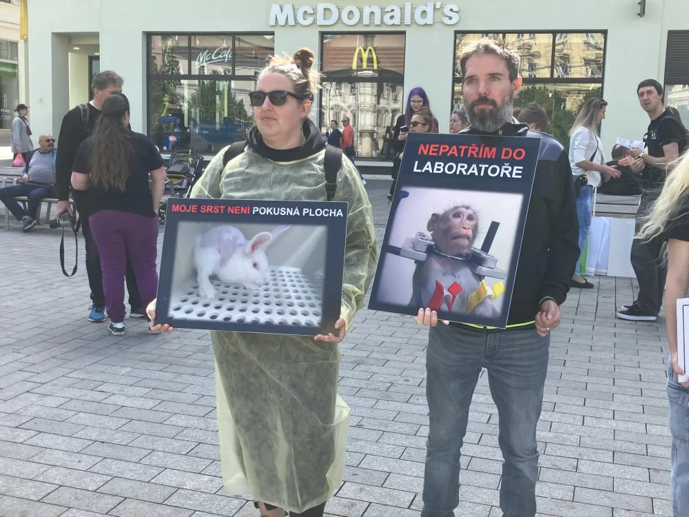 Aktivisté v Brně protestovali proti pokusům na zvířatech. Kolemjdoucí na ně útočně pokřikovali