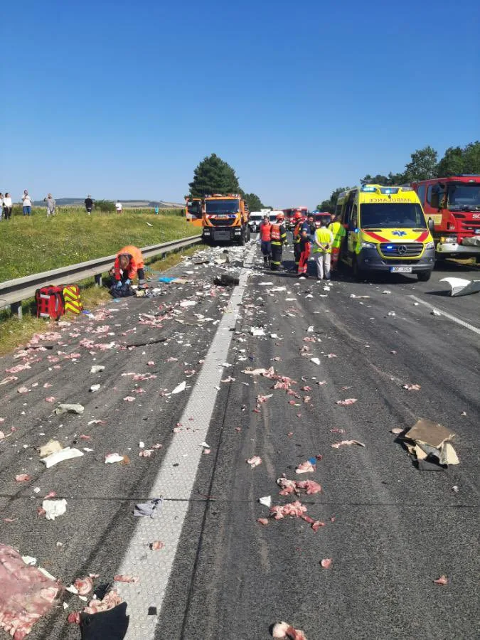 Nehoda kamionu uzavřela dálnici. Na vozovce zůstalo vysypané převážené maso