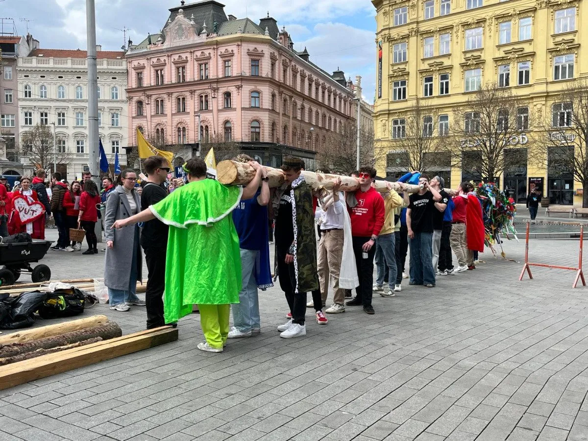 VIDEO: Studenti v Brně odstartovali majálesové oslavy. V centru metropole postavili májku