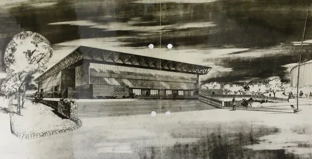 Bohumil Fiala – Ferdinand Lederer, varianta zastřešení zimního stadionu. Návrh byl realizován s odlišným řešením pláště vstupního průčelí, 1961. Archiv plaveckého stadionu, nezpracovaný fond