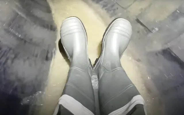 Brněnský tobogán. Muž nasadil rukavice a gumáky a natočil se, jak frčí kanálem jako na skluzavce