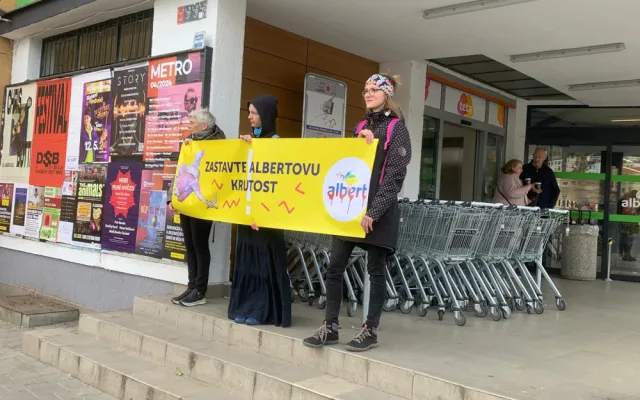 VIDEO: Aktivisté protestují před brněnským supermarketem. Chovejte kuřata v lepších podmínkách, požadují