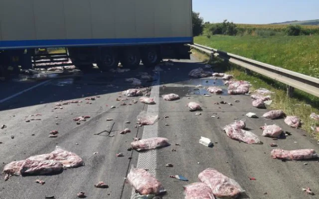 Nehoda kamionu uzavřela dálnici. Na vozovce zůstalo vysypané převážené maso