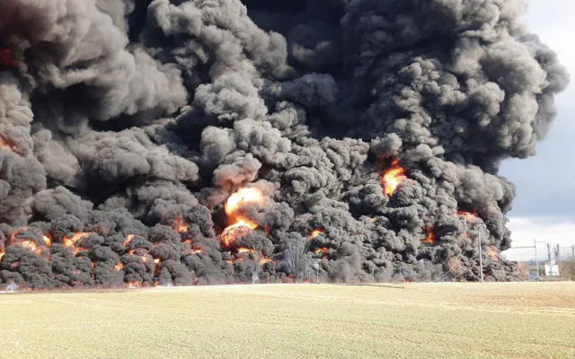 VIDEO: Obrovský požár na Přerovsku. Hoří železniční cisterny s benzolem