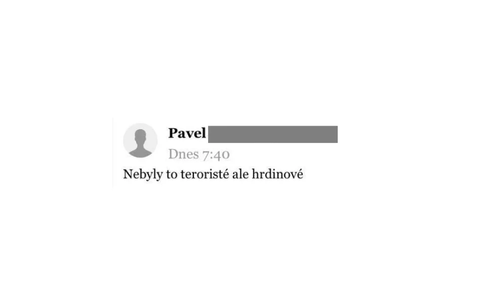 Jeden z vybraných komentářů na serveru Novinky.cz oslavující teroristický útok na Novém Zélandu