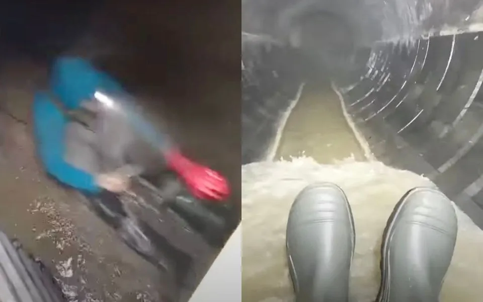 Brněnský tobogán. Muž nasadil rukavice a gumáky a natočil se, jak frčí kanálem jako na skluzavce