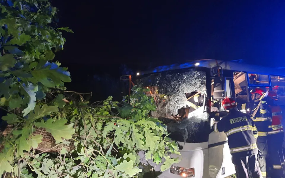 Strom spadl na autobus a uvěznil řidičku za volantem. Skončila v nemocnici