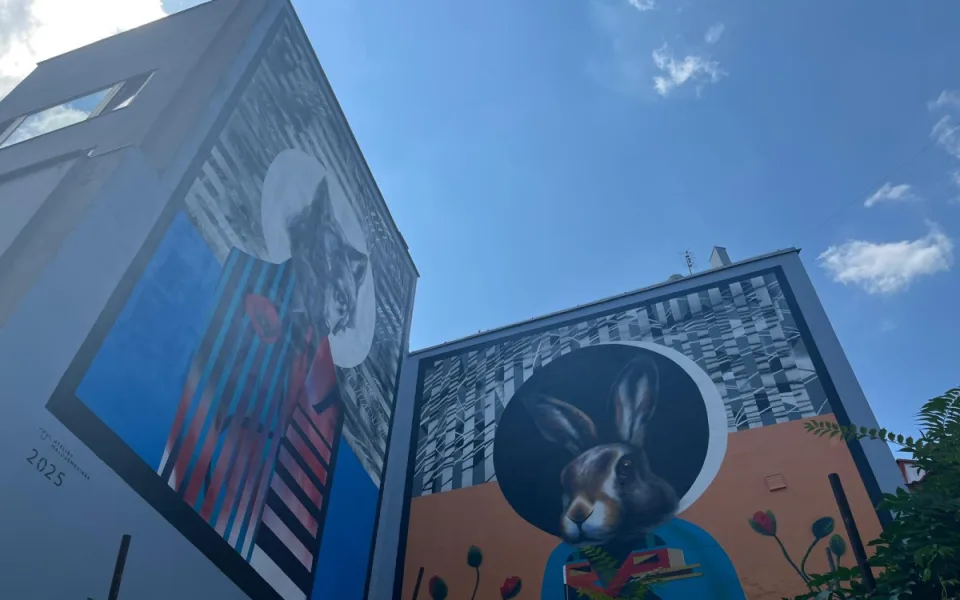 VIDEO: Největší mural v Brně. Centrum města zdobí vlk a zajíc